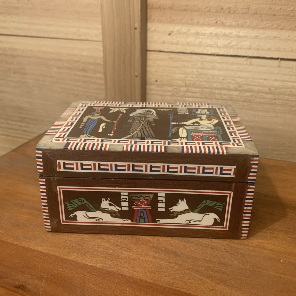Vintage Egyptian Inlaid Wooden Jewelry Box Mother of Pearl Style Velvet Lined